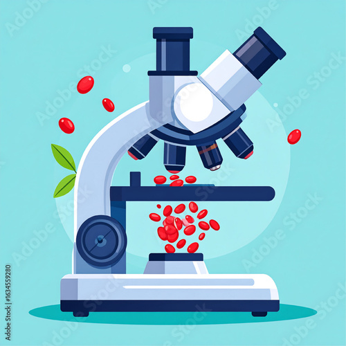 Microscope analyzing small red capsules or berries; scientific research, detailed illustration.