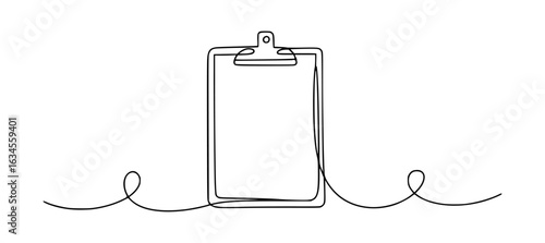 Minimalist black line art of a clipboard with swirling accents black and white office supplies