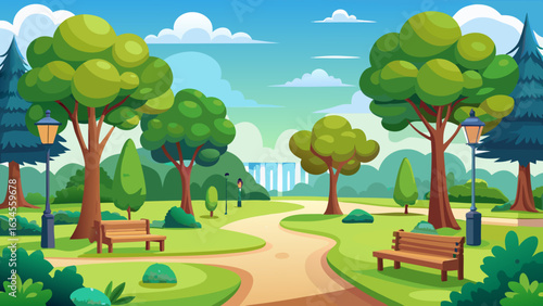Vector art of an idyllic park setting featuring a meandering path, mature trees, inviting benches, and classic lampposts under a blue sky with soft clouds and a cityscape
