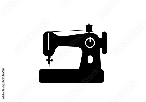 A black silhouette of a sewing machine with a thread spool isolated on a white background design art