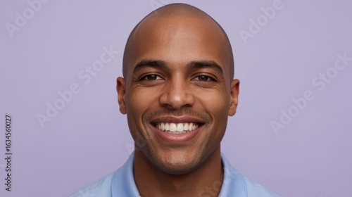 Close up portrait of a smiling bald Black man with light blue collared shirt against purple background