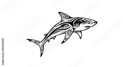 Vector Illustration of a Shark with Tribal Style Elements in Monochrome Black and White Modern Art Style