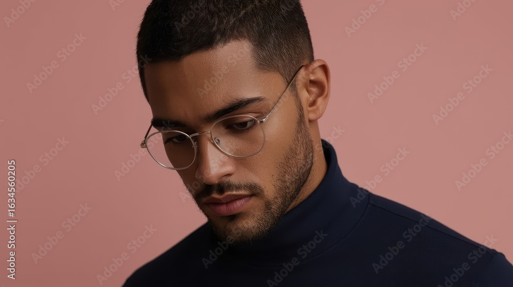 Obraz premium Young man wearing round eyeglasses and a navy turtleneck looking down against a muted pink background