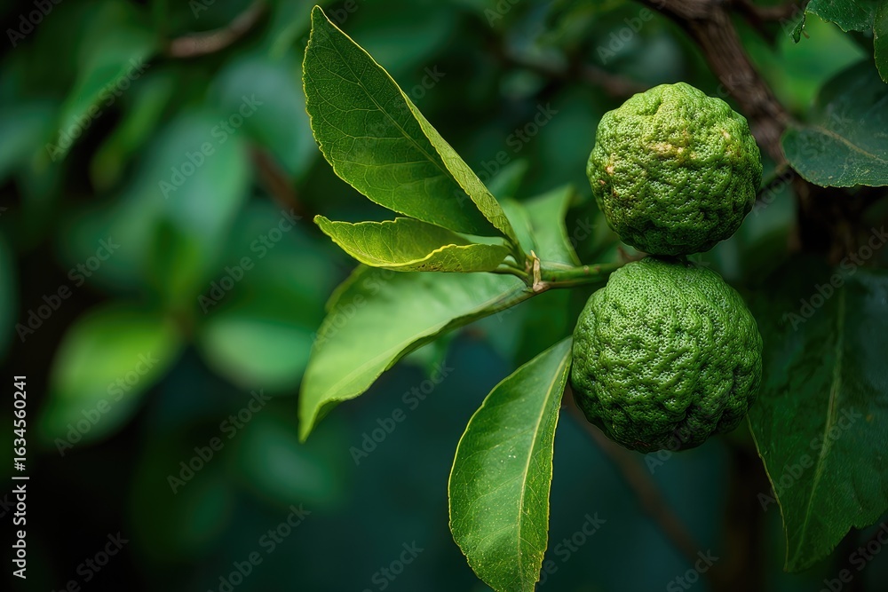 Obraz premium Fresh bergamot fruit on branch with vibrant green leaves