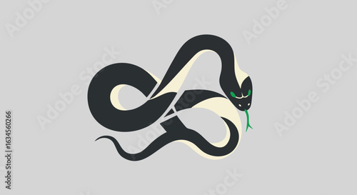 Minimalist Vector Snake Illustration in Black and White with Green Eyes and Tongue in Organic Style