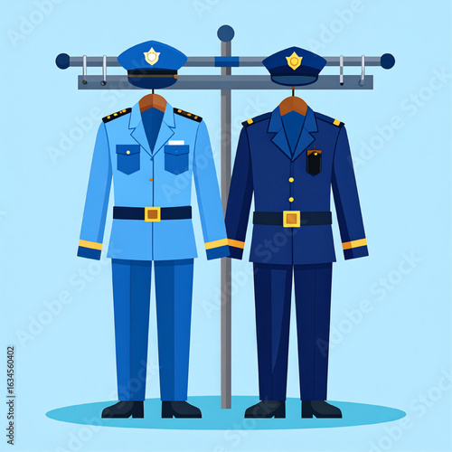 Two police officer uniforms, one light blue and one dark blue, hang on a metal rack with matching hats.