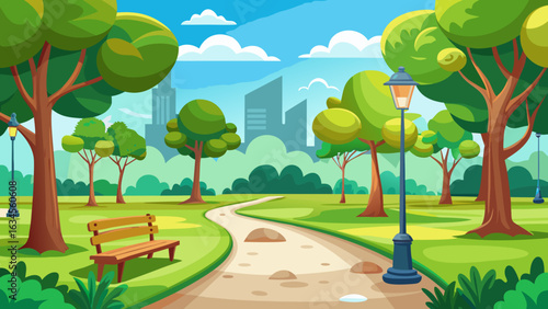 Vector art of a vibrant cartoon park with tall trees, a curved path, a solitary bench, and a lamppost, showcasing a city skyline in the distance