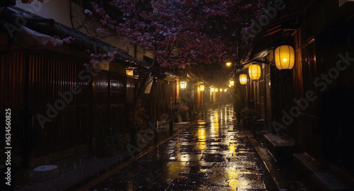 Traditional Japanese Alley with Sakura Blossoms and Lanterns in Spring Rain