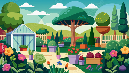 Vector art of vibrant cartoon illustration of a lush garden with a greenhouse, blooming flowers, potted plants, and trees under a cloudy sky, depicting a serene natural landscape