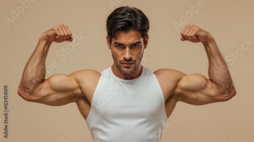 Muscular man with defined biceps flexing arms wearing a white tank top