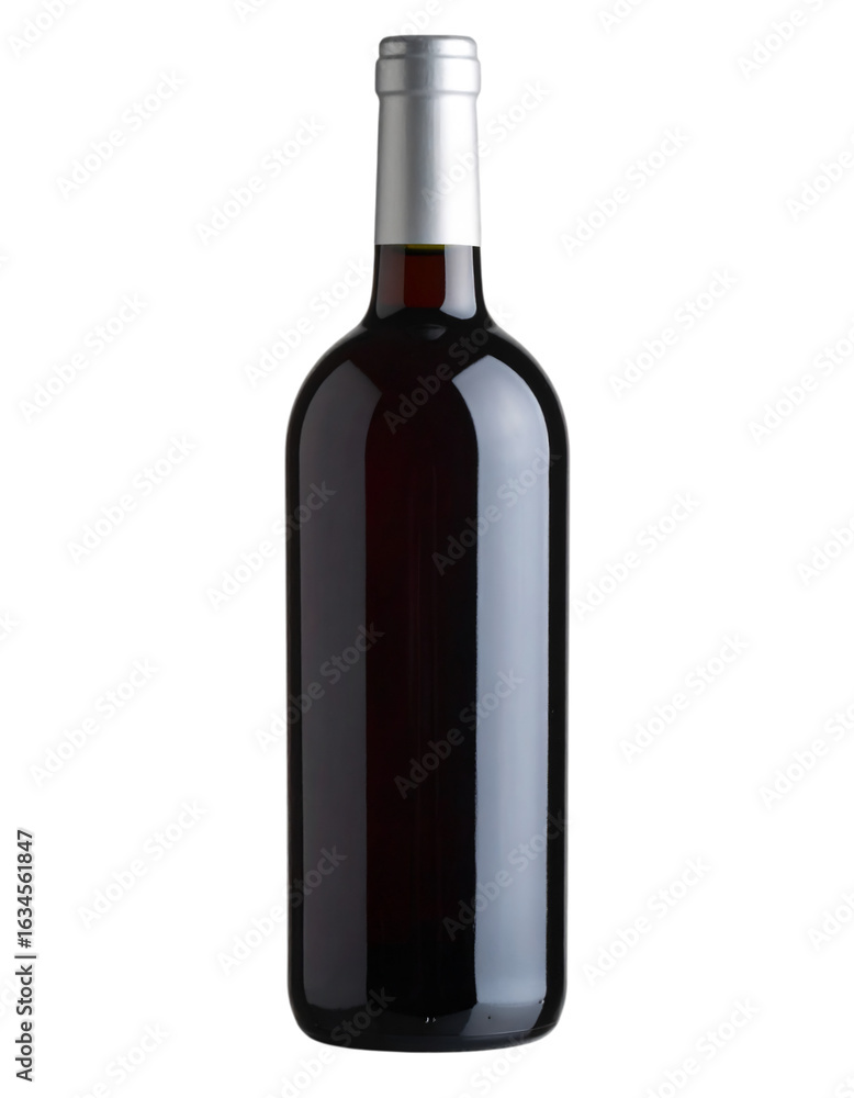 Elegant red wine bottle with silver cap, showcasing a rich, dark liquid on transparent background Elegant red wine bottle with silver cap, showcasing a rich, dark liquid on transparent background