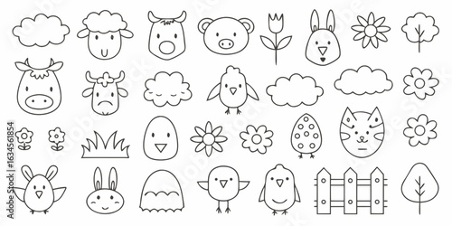Cute farm and spring animal doodles with flowers and clouds