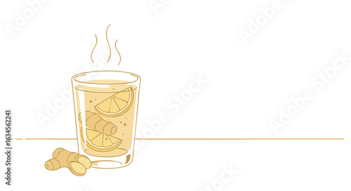 Minimalist Vector Illustration of Hot Ginger Lemon Tea in Contemporary Style with Soft Yellow and Beige Colors