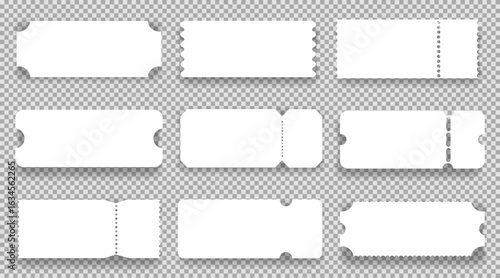 Retro ticket, coupon or voucher. Cinema concert paper tag with separation point empty template, label. Vintage shape raffle edge, frame border. 