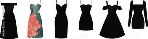 A diverse collection of stylish and elegant black dress silhouettes for women, including polka dot, two-piece, and various necklines and sleeves, for Adobe Stock.