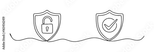 Minimalist continuous line drawing of shields with lock and checkmark security protection