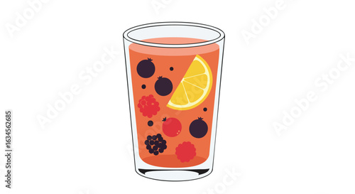 Vector Illustration of Fruit Infused Beverage in Glass in Minimalist Style with Bright Berry and Lemon Colors