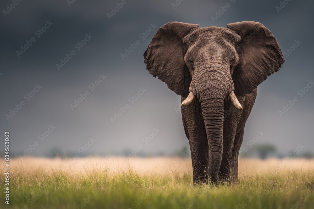 Fototapeta premium Powerful elephant in a grassy savanna, dramatic sky