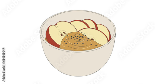 Minimalist Vector Illustration of Fruit Bowl with Apple Slices and Nut Butter in Modern Organic Style
