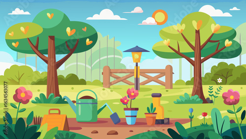 Vector art of a delightful cartoon depiction of a lush garden featuring blooming flowers, mature trees, a rustic fence, and essential gardening tools under a sunny sky