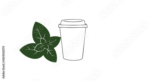 Minimalist Vector Icon of Coffee Cup with Mint Leaves in Modern Style for Food Beverage Branding