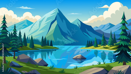 Vector art of vibrant polygonal mountain landscape with a serene lake reflecting the sky and surrounded by pine trees and green hills under a bright blue sky with fluffy clouds