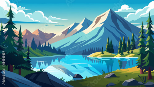 Vector art of vibrant polygonal mountain landscape with a serene lake reflecting the sky and surrounded by pine trees and green hills under a bright blue sky with fluffy clouds