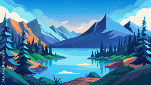 Vector art of vibrant illustration of a serene mountain lake surrounded by a lush pine forest under a bright blue sky with fluffy clouds