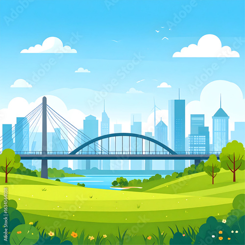 Serene cityscape panorama: a modern city skyline viewed from a lush green park across a tranquil river, showcasing two bridges.