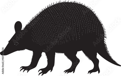 Armadillo Walking Body low to the ground with short legs moving slowly, back slightly raised. full length silhouette black vector illustration