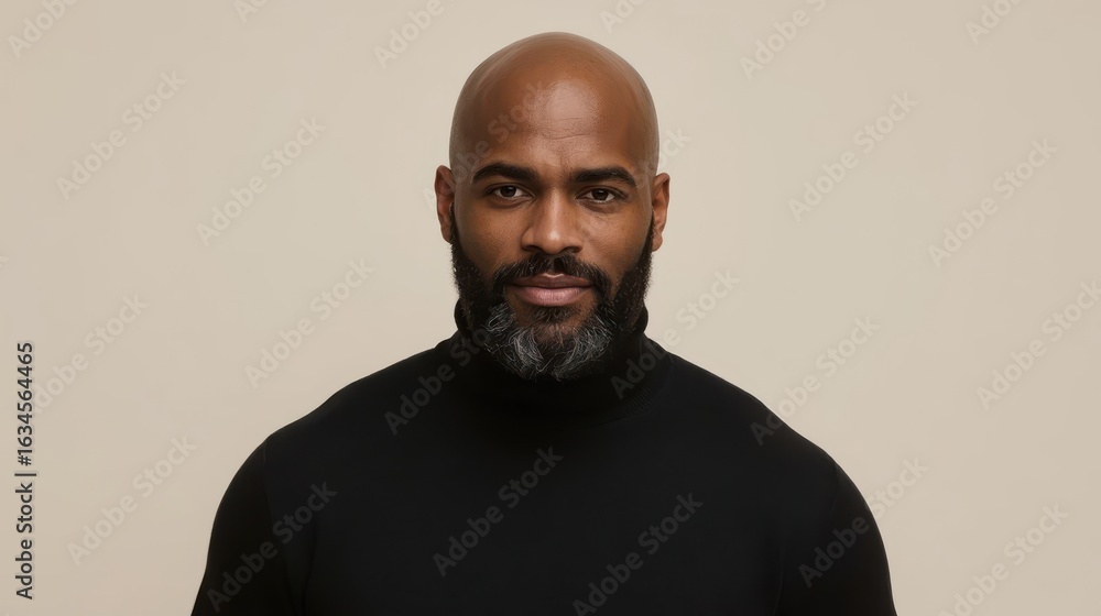 Obraz premium Bald Black Man with Salt and Pepper Beard Wearing a Black Turtleneck Male