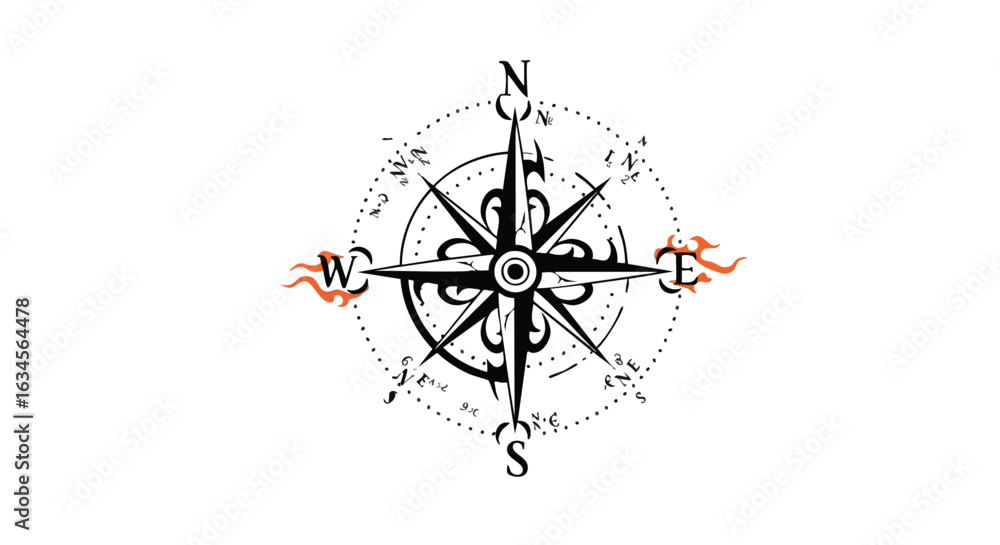 Fototapeta premium Vector Compass Rose Illustration with Nautical Style and Orange Flame Accents