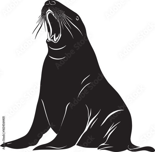 Walrus Vocalizing Head raised, mouth open, with a posture showing loud vocalization. full length silhouette black vector illustration