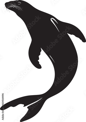 Sea Lion Underwater Hunting A silhouette of a sea lion with its body streamlined, head submerged while actively pursuing fish or other prey. Full-length silhouette black vector illustration.