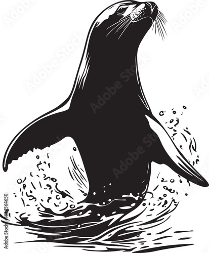 A silhouette of a sea lion with its body standing tall in the water, flippers animatedly playing with items or companions. Full-length silhouette black vector illustration.