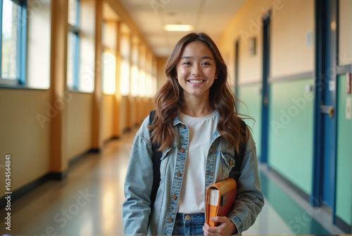 Groupe de lycéens souriants traversant un couloir d’école baigné de lumière dorée, portant sacs à dos, cahiers et manuels scolaires.