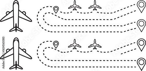 Isolated black flying airplane icon, curved and straight dashed trace paths, air route pattern, travel symbol, minimal design, modern aviation illustration, white background for flight navigation