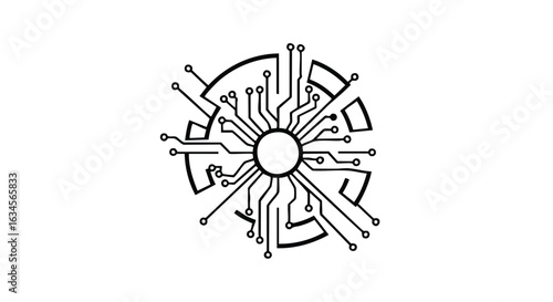 Futuristic Circuit Pattern Vector Illustration in Minimalist Style with Black and White Color Scheme
