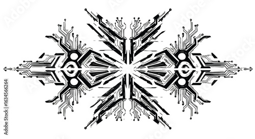 Futuristic Circuit Snowflake Vector Illustration in Black and White Modern Geometric Style
