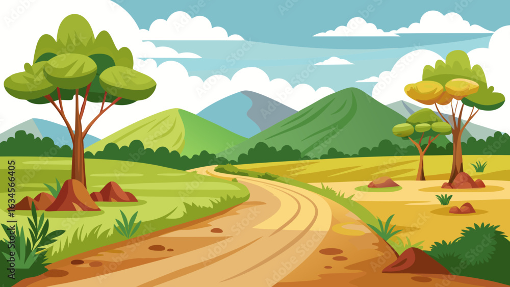 Fototapeta premium Vector art of a winding dirt road meanders through a vibrant countryside landscape featuring rolling green hills and scattered trees under a clear blue sky