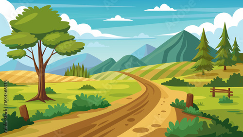 Vector art of a winding dirt road curves through a vibrant green landscape with rolling hills, farms, and pine trees, leading towards majestic mountains under a clear sky