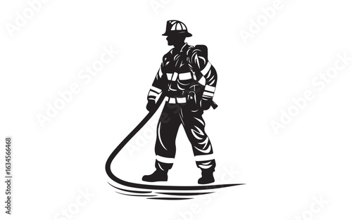 Firefighter Silhouette Vector  Hero Spraying Hose in Action Graphic Art