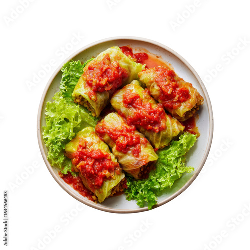 Delicious Stuffed Cabbage Rolls with Tomato Sauce, Overhead Shot