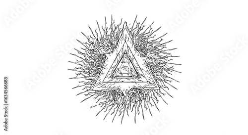 Minimalist Vector Illustration of an Abstract Triangle Surrounded by Dynamic Line Patterns in Black and White Style