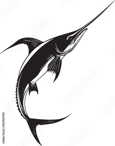 Swordfish in pursuit body angled forward, sword-like bill directed ahead, tail elevated, and fins spread for rapid movement in a full-length silhouette.