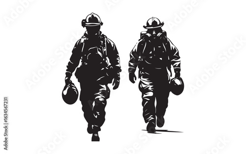 Firefighter Walking Silhouette Vector Brave Hero Holding Helmet Graphic Art