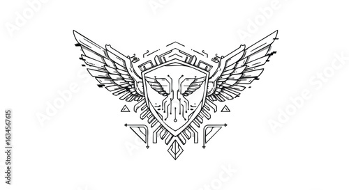 Futuristic Tech Emblem Vector Illustration with Winged Shield and Circuitry Design in Modern Style