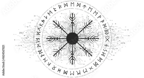Vector Illustration of Snowflake with Circuitry and Runes in Modern Geometric Style Bright Monochrome Colors