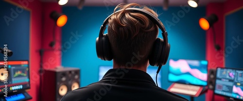 Stylish figure in headphones, back view, recording studio,  production,  musician
