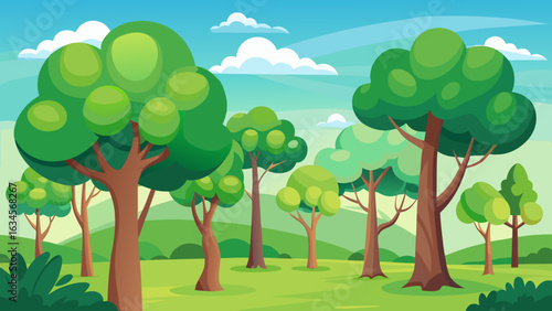 Vector art of a vibrant cartoon illustration of a lush green forest with various trees, rolling hills, and a bright blue sky with fluffy white clouds on a sunny day